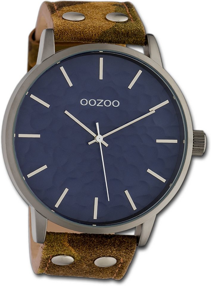 OOZOO Quarzuhr Oozoo Herren Armbanduhr Timepieces, Herrenuhr Lederarmband camouflage, gelb, rundes Gehäuse, groß (48mm) von OOZOO