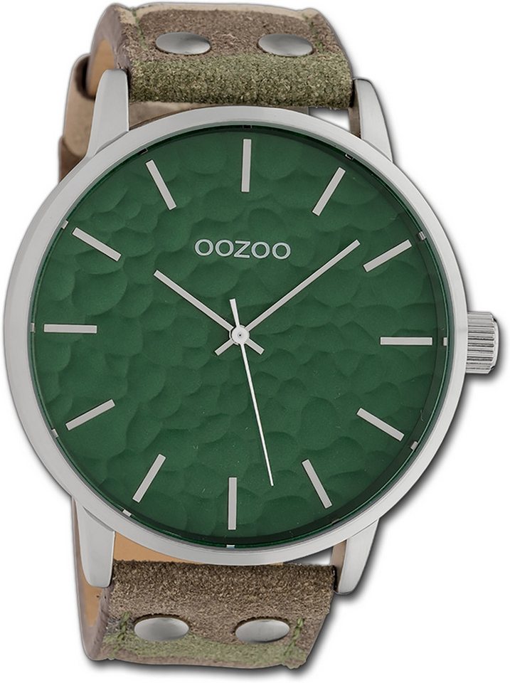 OOZOO Quarzuhr Oozoo Herren Armbanduhr Timepieces, Herrenuhr Lederarmband camouflage, grün, rundes Gehäuse, groß (48mm) von OOZOO