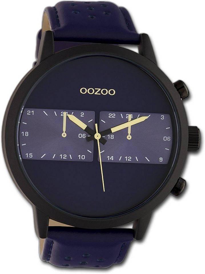 OOZOO Quarzuhr Oozoo Herren Armbanduhr Timepieces, Herrenuhr Lederarmband dunkelblau, rundes Gehäuse, extragroß (ca 50mm) von OOZOO