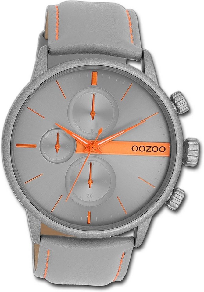 OOZOO Quarzuhr Oozoo Herren Armbanduhr Timepieces, Herrenuhr Lederarmband grau, rundes Gehäuse, groß (ca. 45mm) von OOZOO