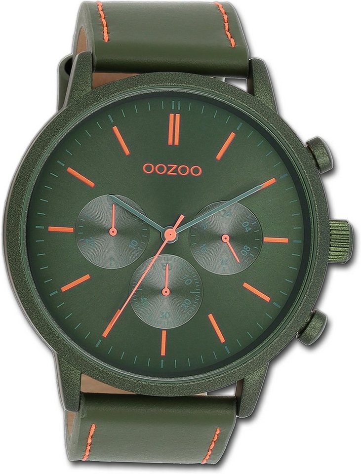 OOZOO Quarzuhr Oozoo Herren Armbanduhr Timepieces, Herrenuhr Lederarmband grün, rundes Gehäuse, extra groß (ca. 50mm) von OOZOO