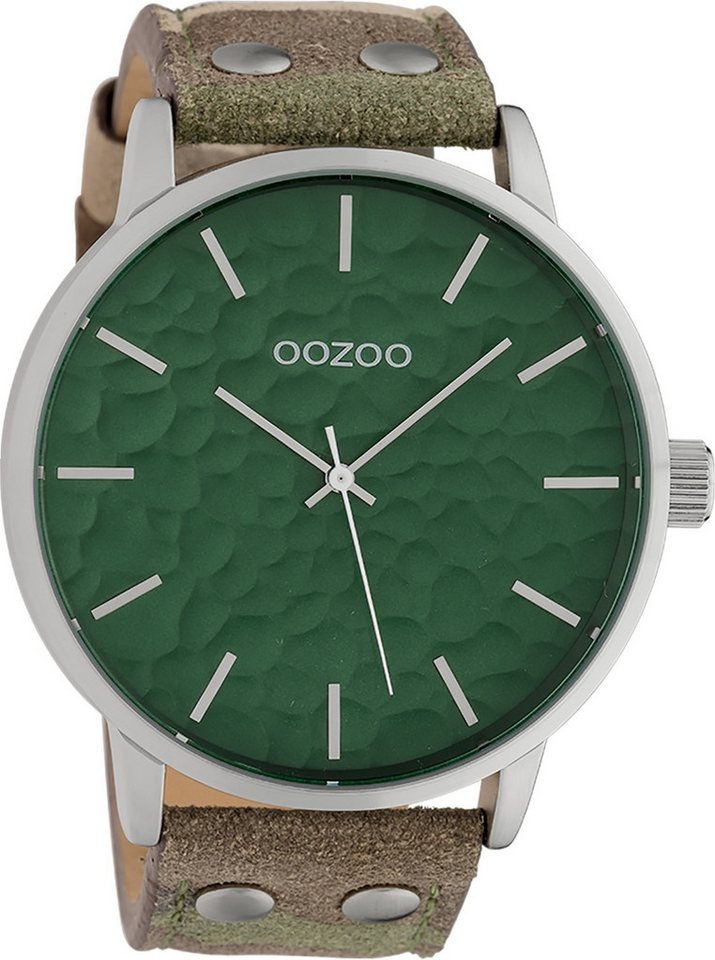 OOZOO Quarzuhr Oozoo Herren Armbanduhr Timepieces Analog, Herrenuhr rund, extra groß (ca. 48mm), Lederarmband camouflage, grün von OOZOO