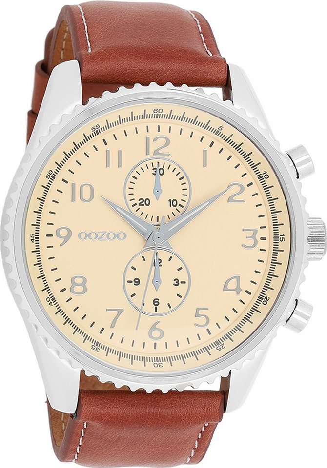 OOZOO Quarzuhr Oozoo Herren Armbanduhr braun Analog matt, (Analoguhr), Herrenuhr rund, extra groß (ca. 48mm) Lederarmband, Fashion-Style von OOZOO