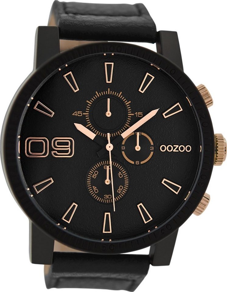 OOZOO Quarzuhr Oozoo Herren Armbanduhr schwarz Analog, (Analoguhr), Herrenuhr rund, extra groß (ca. 50mm) Lederarmband, Casual-Style von OOZOO