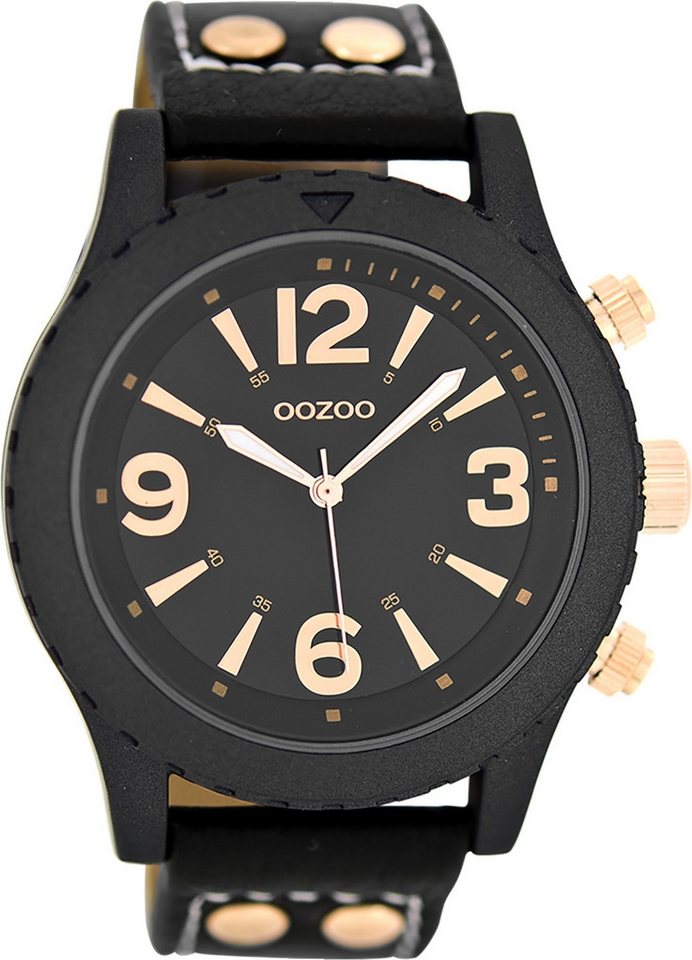 OOZOO Quarzuhr Oozoo Herren Armbanduhr schwarz Analog, (Analoguhr), Herrenuhr rund, groß (ca. 45mm) Lederarmband, Elegant-Style von OOZOO