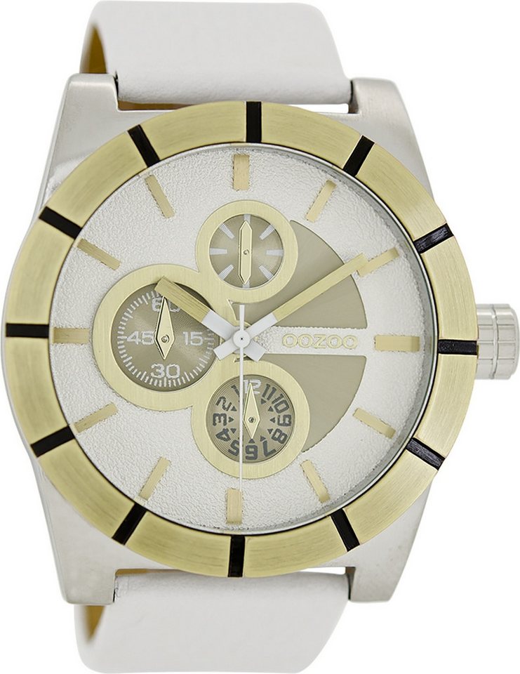 OOZOO Quarzuhr Oozoo Herren Armbanduhr weiß Analog matt, (Analoguhr), Herrenuhr rund, extra groß (ca. 47mm) Lederarmband, Luxus-Style von OOZOO