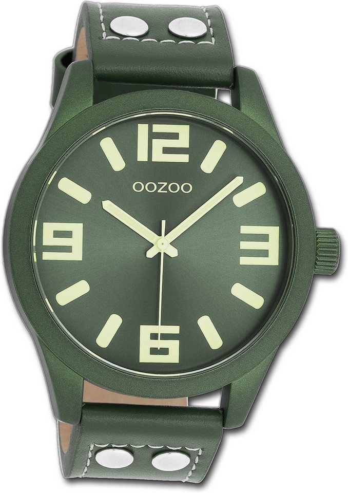OOZOO Quarzuhr Oozoo Leder Damen-Herren Uhr Analog, (Analoguhr), Damen, Herrenuhr Lederarmband grün, rund, extra groß (ca. 46mm) von OOZOO