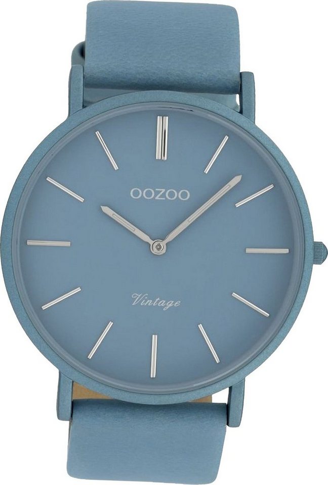 OOZOO Quarzuhr Oozoo Leder Damen Uhr C9877 Analog, Damenuhr Lederarmband hellblau, rundes Gehäuse, groß (ca. 44mm) von OOZOO