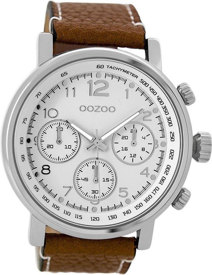 OOZOO Quarzuhr Oozoo Leder Herren Uhr C9455 Quarzuhr, (Analoguhr), Herrenuhr Lederarmband braun, rundes Gehäuse, extra groß (ca. 48mm) von OOZOO