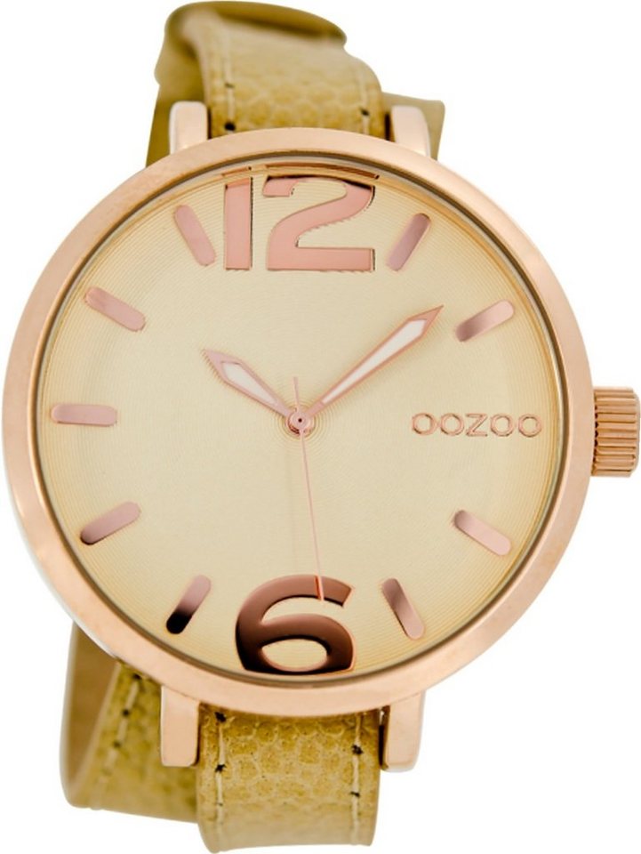 OOZOO Quarzuhr Oozoo Quarz-Uhr Damen rose Timepieces, Damenuhr Lederarmband beige, braun, rundes Gehäuse, groß (ca. 45mm) von OOZOO