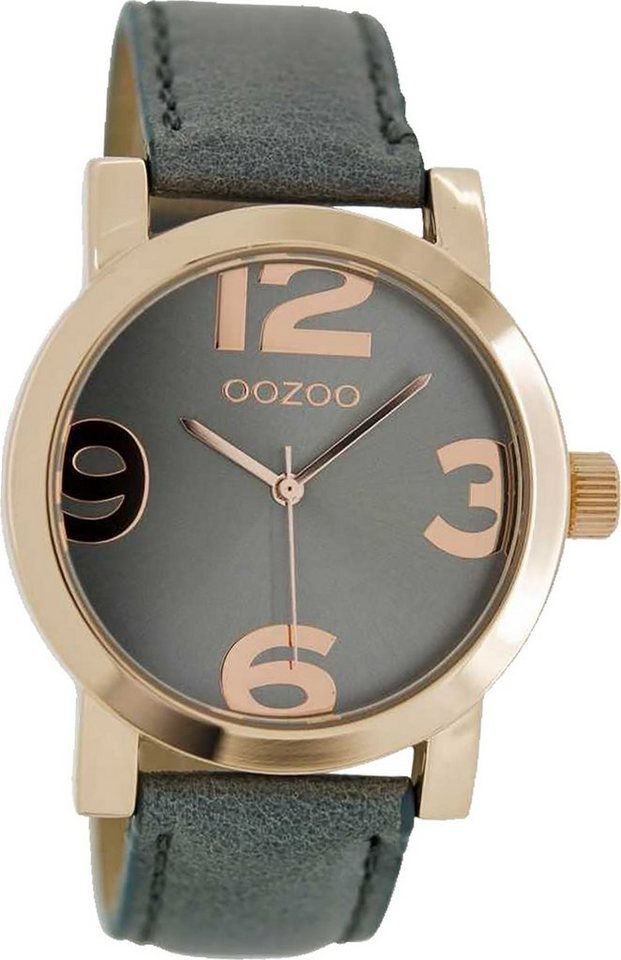 OOZOO Quarzuhr Oozoo Quarz-Uhr Damen rose Timepieces, Damenuhr Lederarmband grau, rundes Gehäuse, groß (ca. 40mm) von OOZOO