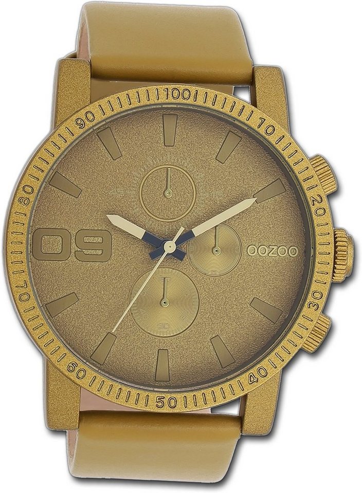 OOZOO Quarzuhr Oozoo Unisex Armbanduhr Timepieces, Damen, Herrenuhr Lederarmband olive grün, rundes Gehäuse, groß (48mm) von OOZOO