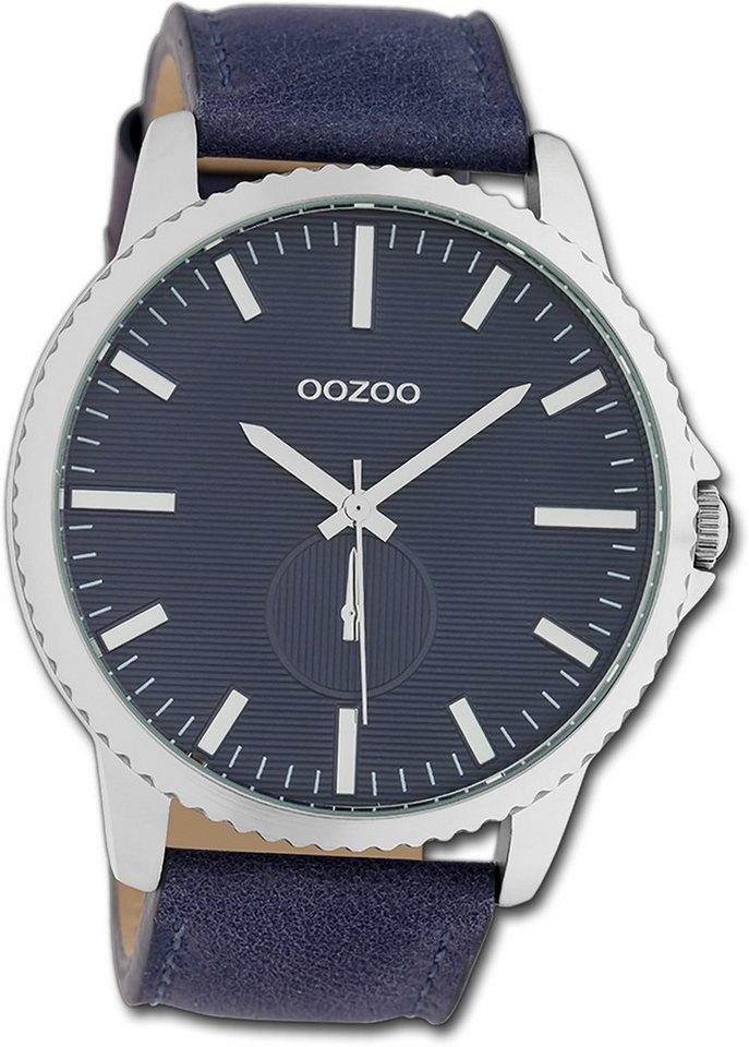 OOZOO Quarzuhr Oozoo Unisex Armbanduhr Timepieces, Unisexuhr Lederarmband blau, rundes Gehäuse, extra groß (ca. 48mm) von OOZOO