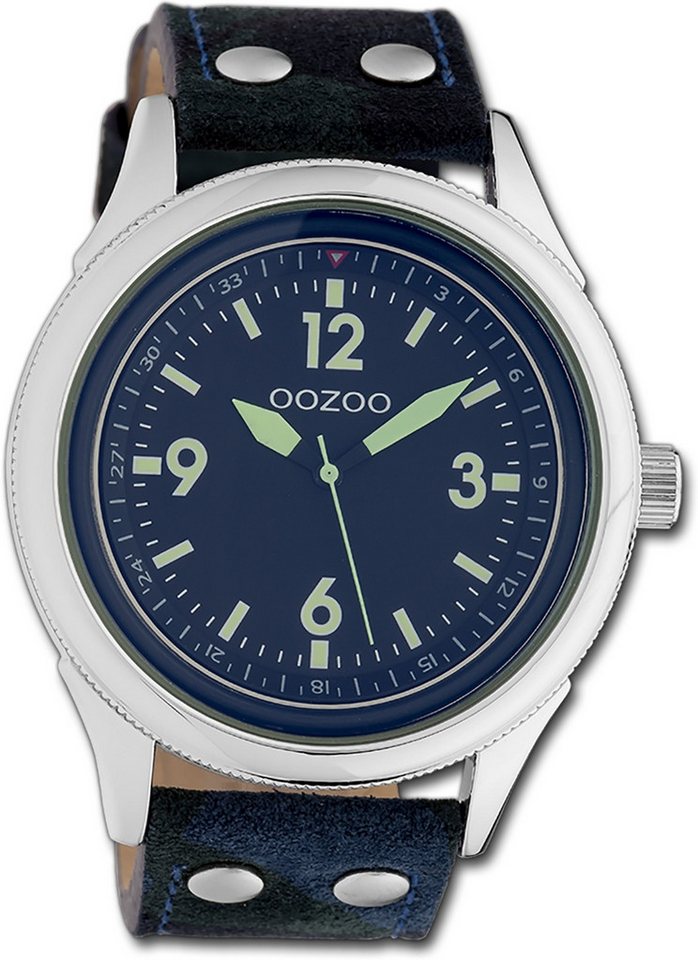 OOZOO Quarzuhr Oozoo Unisex Armbanduhr Timepieces, Unisexuhr Lederarmband blau camouflage, rundes Gehäuse, groß (48mm) von OOZOO