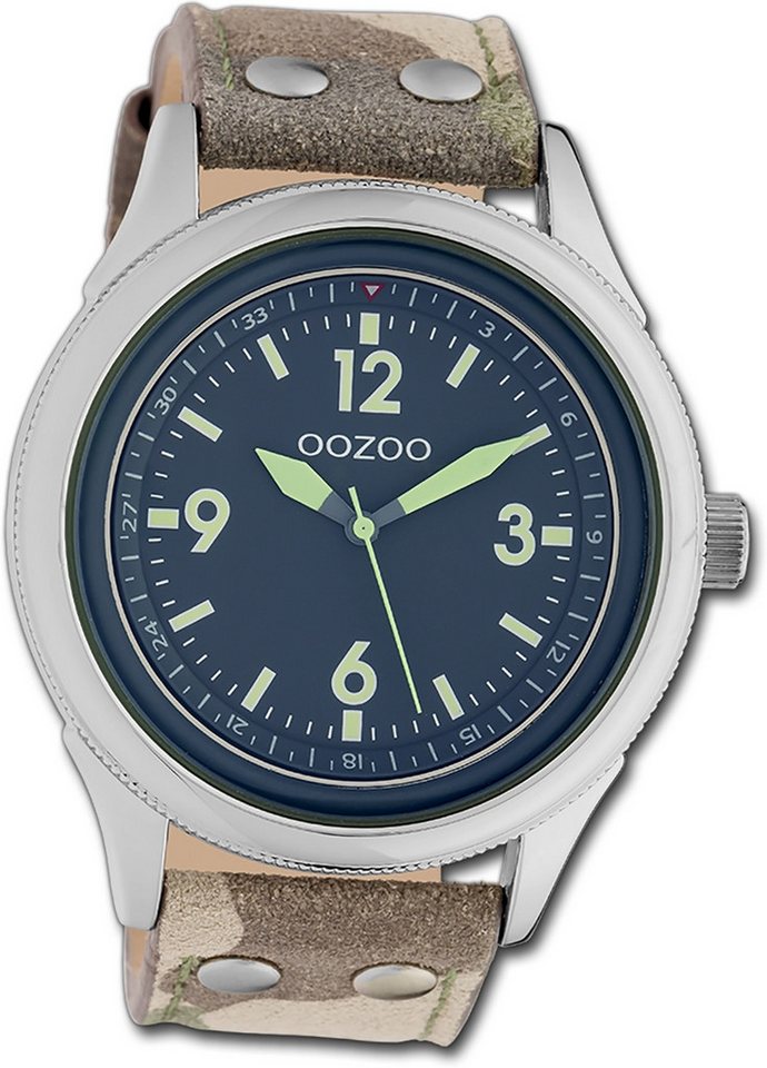 OOZOO Quarzuhr Oozoo Unisex Armbanduhr Timepieces, Unisexuhr Lederarmband camouflage, braun, rund, extra groß (ca. 48mm) von OOZOO