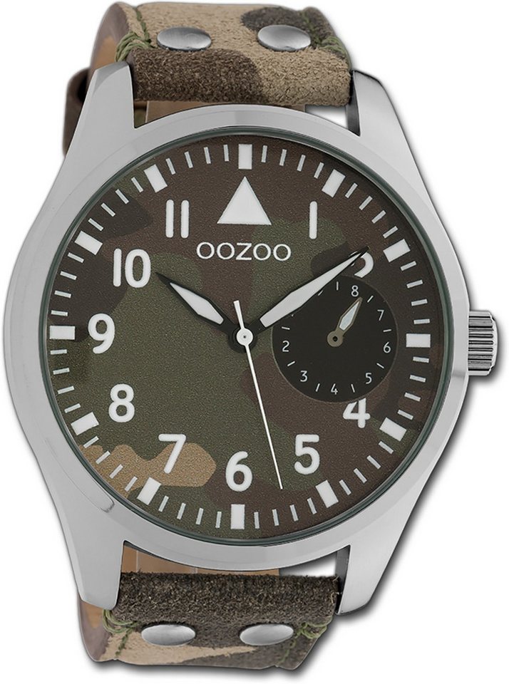 OOZOO Quarzuhr Oozoo Unisex Armbanduhr Timepieces, Unisexuhr Lederarmband camouflage, grün, rund, extra groß (ca. 50mm) von OOZOO