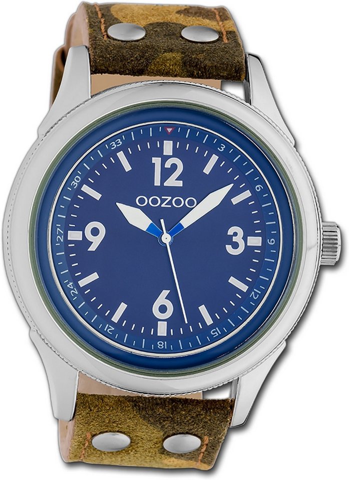 OOZOO Quarzuhr Oozoo Unisex Armbanduhr Timepieces, Unisexuhr Lederarmband camouflage, grün, rundes Gehäuse, groß (48mm) von OOZOO
