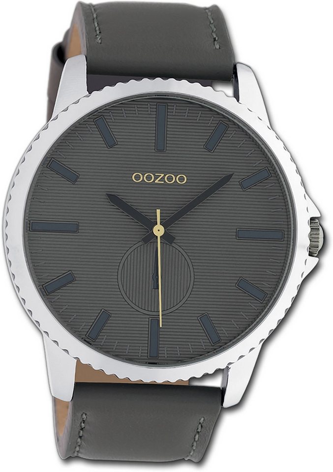 OOZOO Quarzuhr Oozoo Unisex Armbanduhr Timepieces, Unisexuhr Lederarmband grau, rundes Gehäuse, extra groß (ca. 48mm) von OOZOO