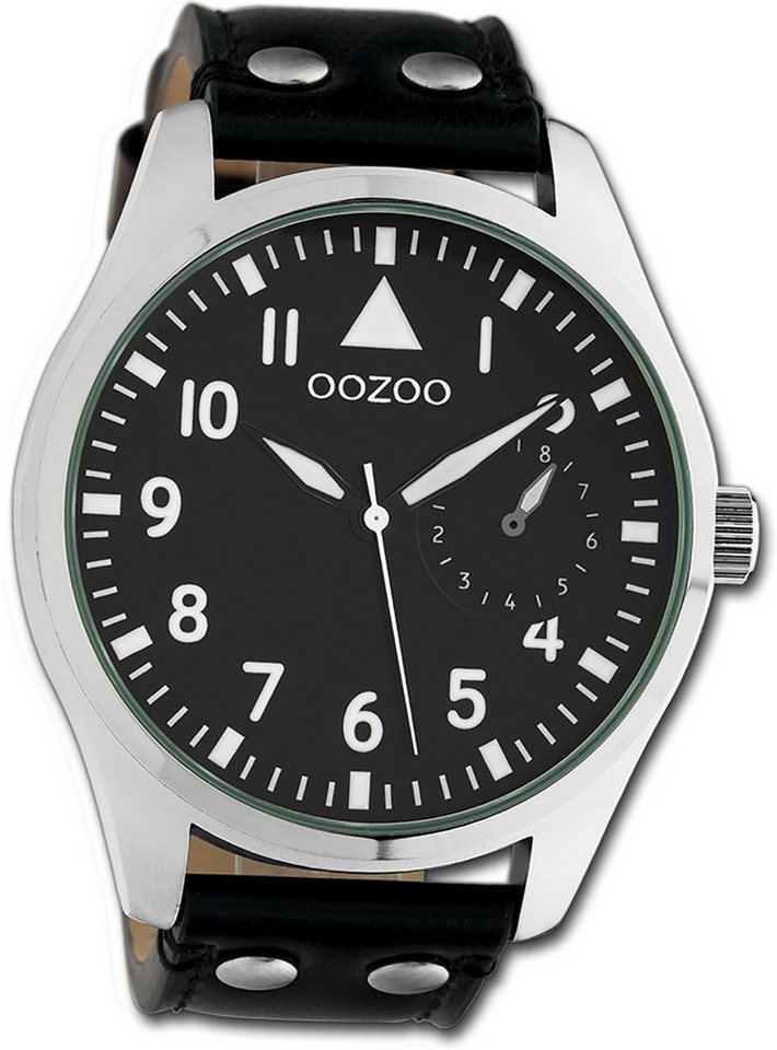 OOZOO Quarzuhr Oozoo Unisex Armbanduhr Timepieces, Unisexuhr Lederarmband schwarz, rundes Gehäuse, extra groß (ca. 50mm) von OOZOO