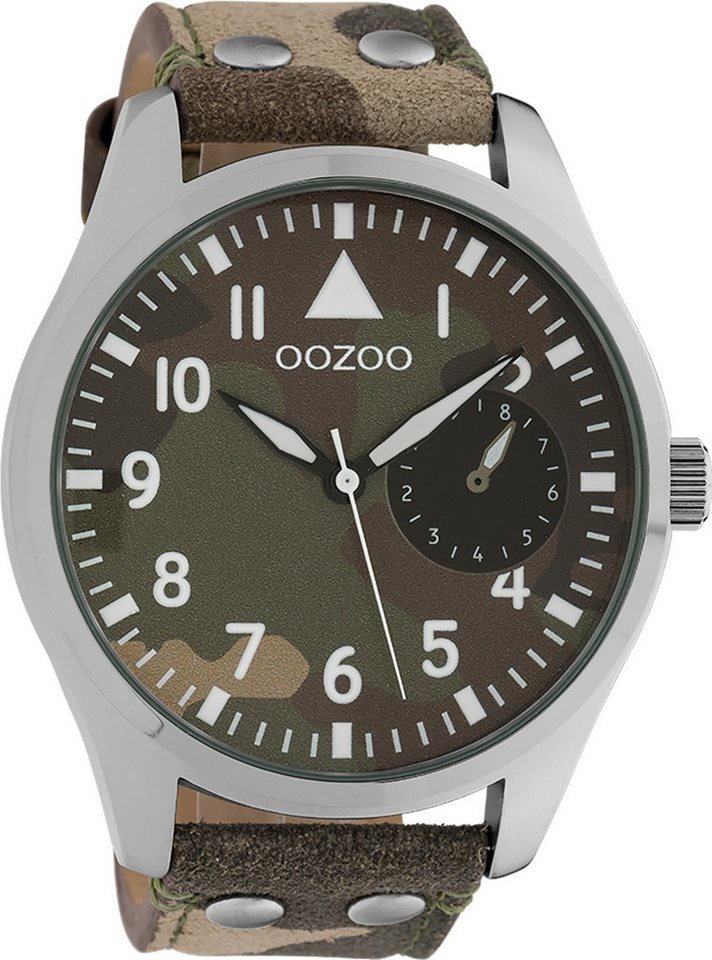 OOZOO Quarzuhr Oozoo Unisex Armbanduhr Timepieces Analog, Damen, Herrenuhr rund, extra groß (50mm) Lederarmband camouflage, grün von OOZOO