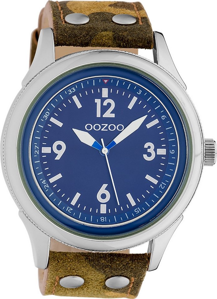 OOZOO Quarzuhr Oozoo Unisex Armbanduhr Timepieces Analog, (Analoguhr), Herren, Damenuhr rund, extra groß (48mm) Lederarmband camouflage, grün von OOZOO