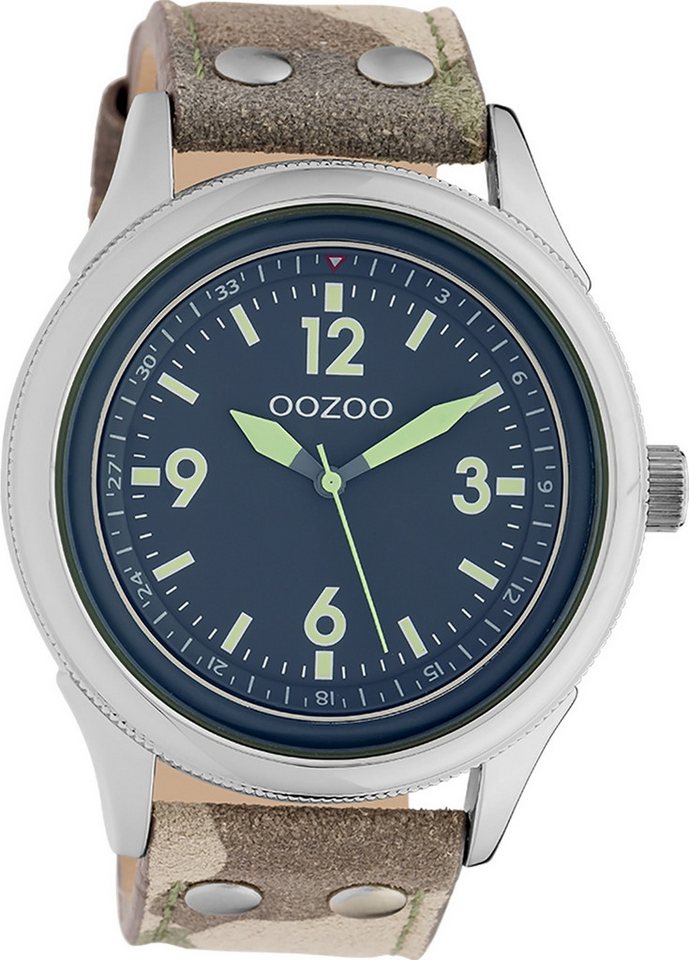 OOZOO Quarzuhr Oozoo Unisex Armbanduhr Timepieces Analog, Herren, Damenuhr rund, extragroß (48mm) Lederarmband camouflage, braun von OOZOO