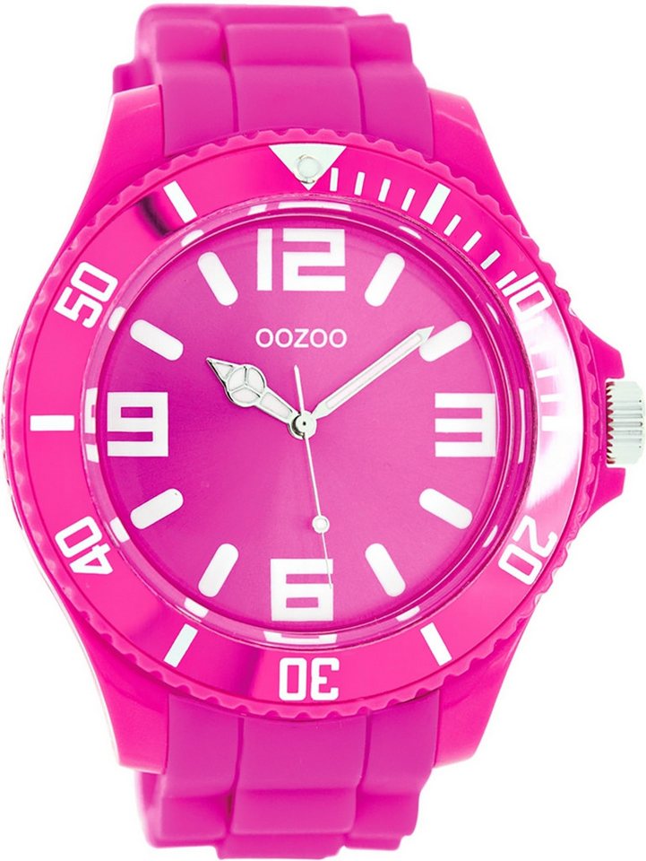 OOZOO Quarzuhr Oozoo Unisex Armbanduhr Vintage Series, Damen, Herrenuhr rund, extra groß (ca. 48mm) Silikonarmband pink von OOZOO