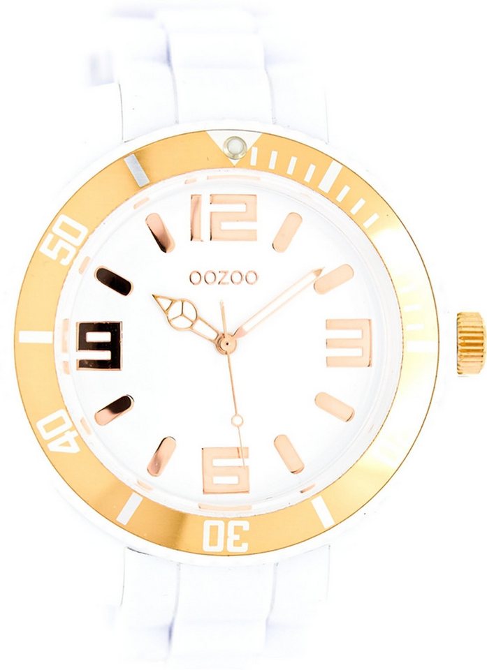 OOZOO Quarzuhr Oozoo Unisex Armbanduhr Vintage Series, Damen, Herrenuhr rund, extra groß (ca. 48mm) Silikonarmband weiß von OOZOO