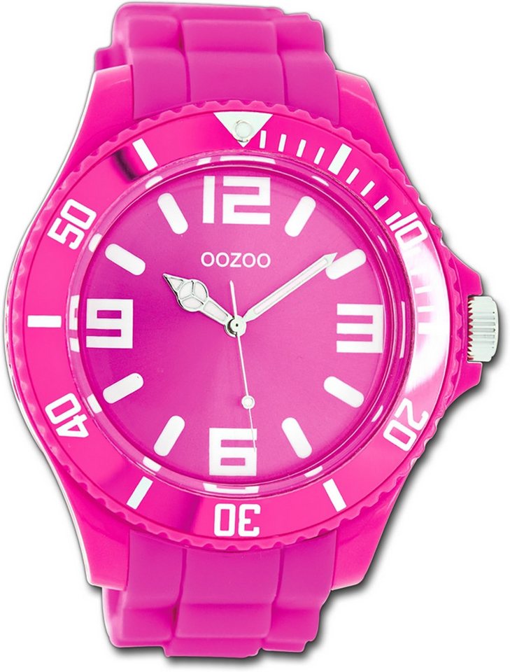 OOZOO Quarzuhr Oozoo Unisex Armbanduhr Vintage Series, Unisexuhr Silikonarmband pink, rundes Gehäuse, extra groß (ca. 48mm) von OOZOO