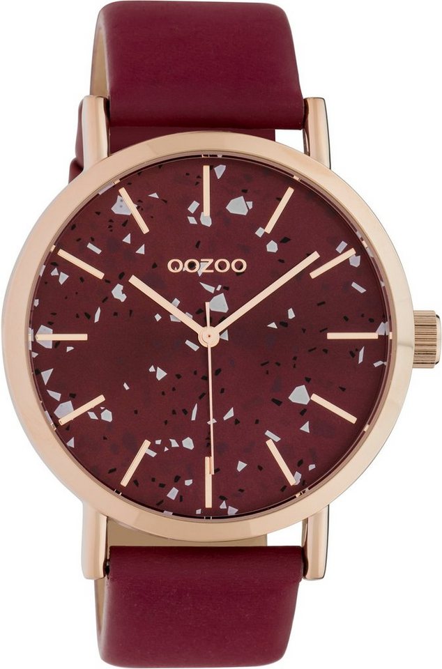 OOZOO Quarzuhr Oozoo Damen Armbanduhr weinrot Analog, Damenuhr rund, groß (ca. 42mm), Lederarmband weinrot, Fashion von OOZOO