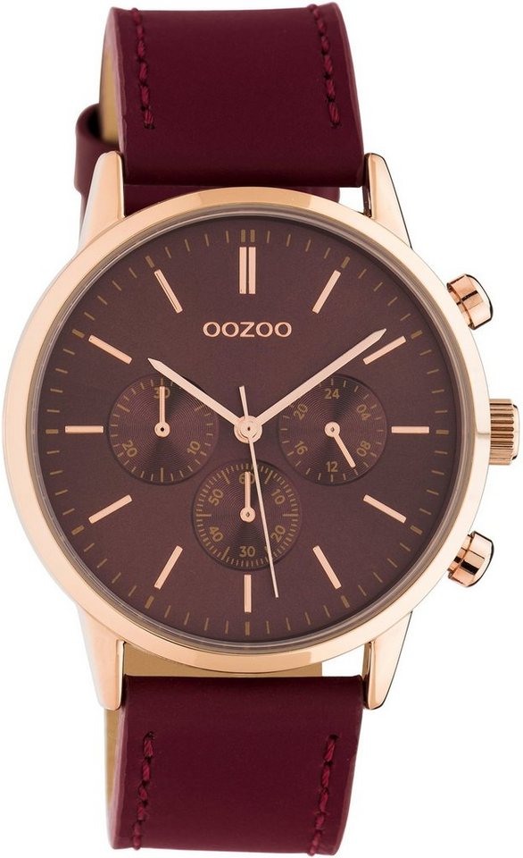 OOZOO Quarzuhr Oozoo Damen Armbanduhr weinrot Analog, Damenuhr rund, groß (ca. 40mm) Lederarmband, Fashion-Style von OOZOO