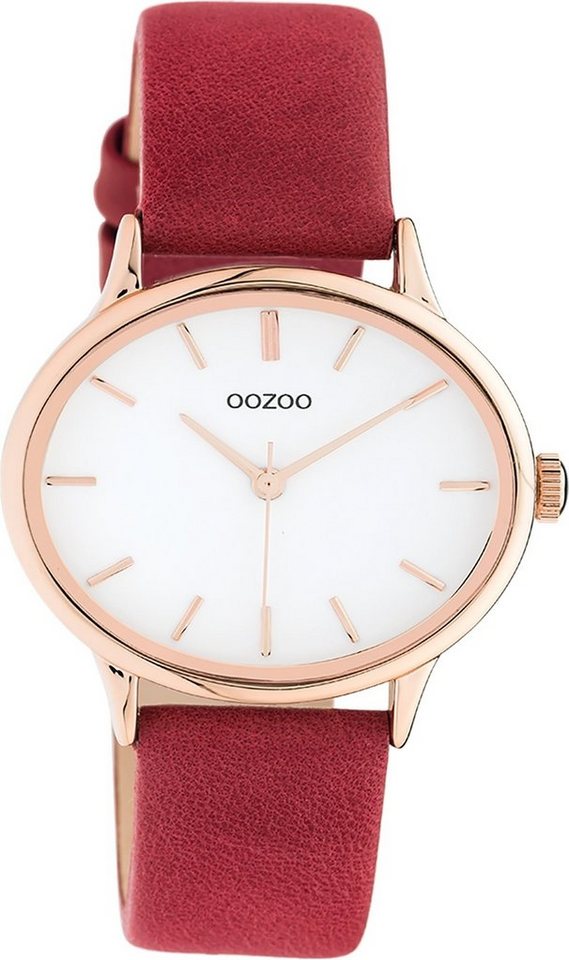 OOZOO Quarzuhr Oozoo Damen Armbanduhr rot Analog, Damenuhr rund, extra groß (ca. 38x31mm) Lederarmband, Fashion-Style von OOZOO