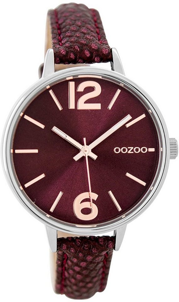 OOZOO Quarzuhr Oozoo Damen Armband-Uhr weinrot, Damenuhr rund, mittel (ca. 38mm) Lederarmband, Fashion-Style von OOZOO