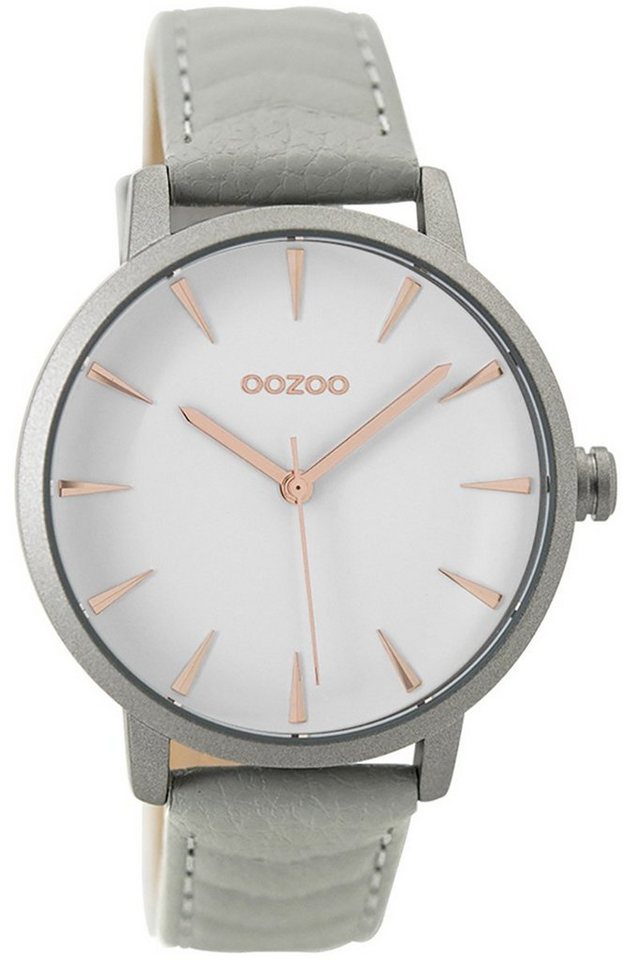 OOZOO Quarzuhr Oozoo Damen Armbanduhr grau, Damenuhr rund, groß (ca. 40mm) Lederarmband, Fashion-Style von OOZOO