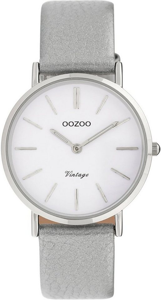 OOZOO Quarzuhr Oozoo Damen Armbanduhr grau, Damenuhr rund, mittel (ca. 32mm) Lederarmband, Fashion-Style von OOZOO