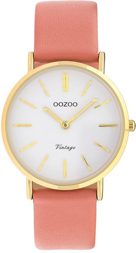 OOZOO Quarzuhr Oozoo Damen Armbanduhr rosa, Damenuhr rund, mittel (ca. 32mm) Lederarmband, Fashion-Style von OOZOO