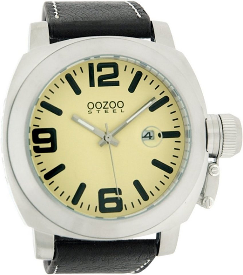 OOZOO Quarzuhr Oozoo Armbanduhr Herren Steel silber grau, Herrenuhr rund, extra groß (ca. 50mm) Lederarmband, Fashion-Style von OOZOO