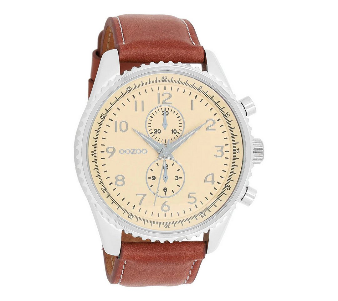 OOZOO Quarzuhr XXL Herrenuhr Braun Lederarmband, Cremefarbenes Zifferblatt, C6041, 48 mm Gehäuse – Modische Uhr für Herren mit zeitlosem Stil von OOZOO