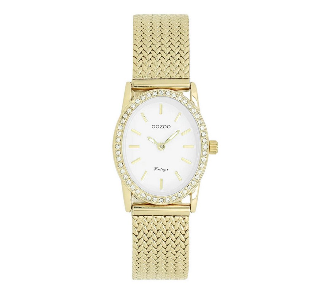 OOZOO Quarzuhr Vintage Damenuhr C20432 – IP Gold – Weißes Zifferblatt – Milanaiseband, – Oval 23×28 mm – Zirkonia-Lünette von OOZOO