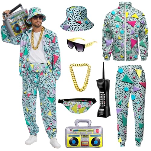 90er 80er Jahre Outfit Herren, 80er Trainingsanzug Jacke Hose Anzug mit Goldkette Sonnenbrille, Karneval Kostüm Hip Hop Sportbekleidung (Grün, XXL) von OPAEHJF