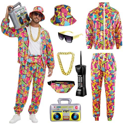 90er 80er Jahre Outfit Herren, 80er Trainingsanzug Jacke Hose Anzug mit Goldkette Sonnenbrille, Karneval Kostüm Hip Hop Sportbekleidung (Rot, 3XL) von OPAEHJF