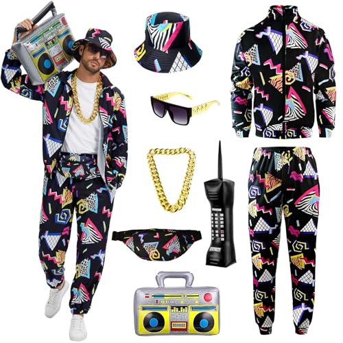 90er 80er Jahre Outfit Herren, 80er Trainingsanzug Jacke Hose Anzug mit Goldkette Sonnenbrille, Karneval Kostüm Hip Hop Sportbekleidung (Schwarz, S) von OPAEHJF