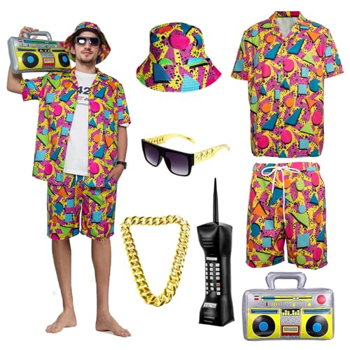 OPAEHJF 80er 90er Jahre Kostüm Trainingsanzug für Herren, 80er Jahre Verkleidung mit Fischerhut Sonnenbrille für Motto Disco Party Kostüme (Rot, L) von OPAEHJF
