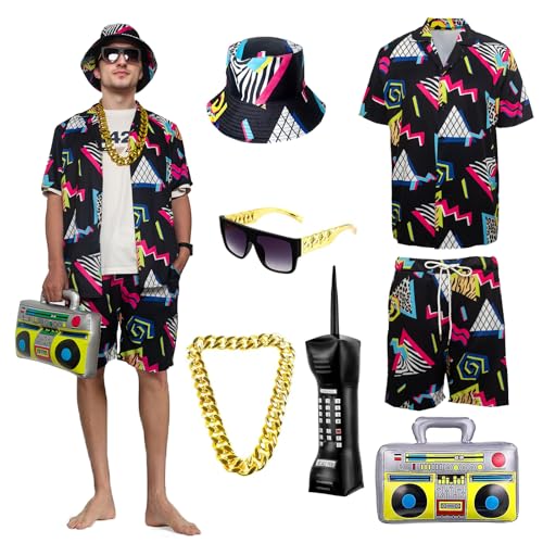 OPAEHJF 80er 90er Jahre Kostüm Trainingsanzug für Herren, 80er Jahre Verkleidung mit Fischerhut Sonnenbrille für Motto Disco Party Kostüme (Schwarz, L) von OPAEHJF