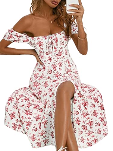 OPAGEE Sommerkleid Allover Floral Schlitz Oberschenkel Bindeband vorne Puffärmel gerüschte Brust Kleid Damen Quadratischer Ausschnitt Hohe Taille - Rot, Xxxl von OPAGEE