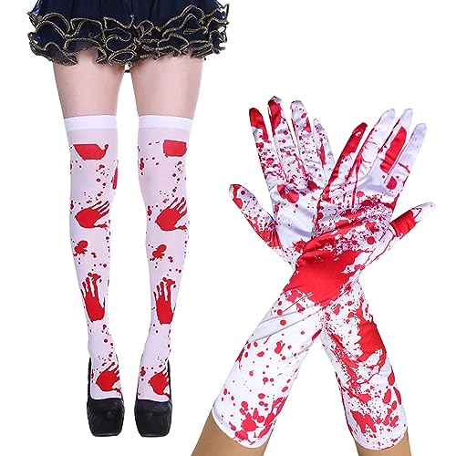 OPAHUTER Halloween Horrible Blutige Handschuhe Strümpfe, Gruselige Blutsocken und Handschuhe, Horror Lange Blutige Handschuhe Strümpfe für Halloween Karneval Cosplay Kostüm Zubehör von OPAHUTER