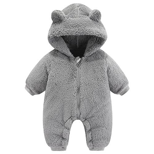 Neugeborene Fleece Jumpsuit Baby Cartoon BärSchneeanzug Mädchen Jungen Winterkleidung Schneeanzug Onesie Outfit Neugeborenen Mantel Kapuzenanzug (Grey, 6-9 Months) von OPAKY