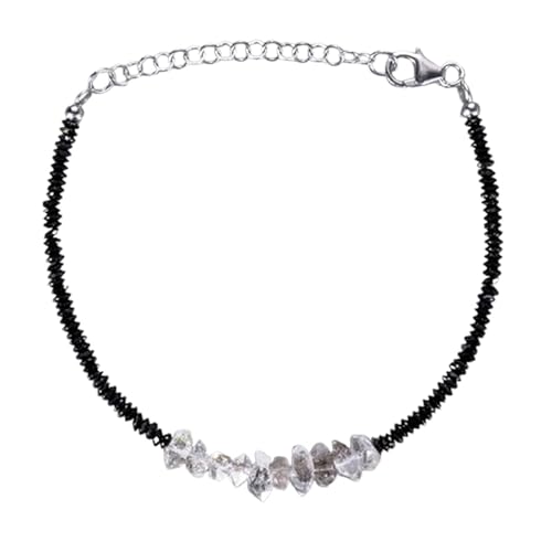OPAL_WORLD Armband 18 cm mit verstellbarem, versilbertem Verschluss und facettierten Perlen in Radform und Diamantnugget Herkimer und schwarzem Spinell 2-4,5 mm | LBRC_OW_07800 von OPAL_WORLD