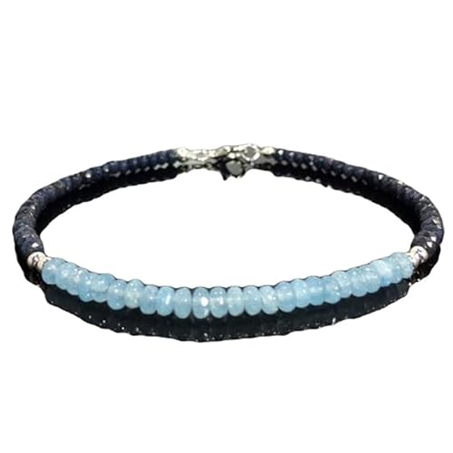 OPAL_WORLD Armband Aquamarin und blauer Saphir 3-3,5 mm mit glatten Perlen und runder Form, versilberter Verschluss 18 cm | LBRC_OW_06941 von OPAL_WORLD