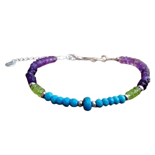 OPAL_WORLD Armband aus Amethyst, Peridot und schattiertem Türkis, 3,5-4 mm mit facettierten Perlen in Rondelle-Form und verstellbarem, versilbertem Verschluss. | LBRC_OW_08634 von OPAL_WORLD